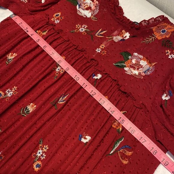 Zara Woman Floral Sequin Dress Embroidered Swiss Dot Burgandy Red Small - Picture 11 of 13